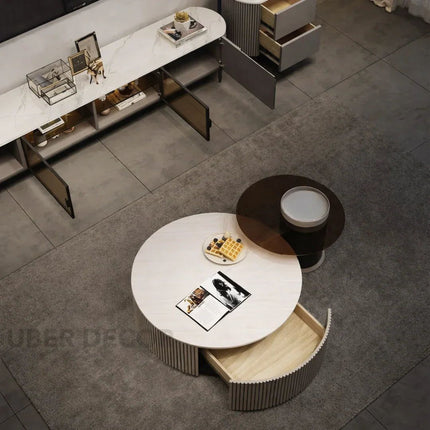 Tiber Oro Italian Luxury Round Coffee Table Tempered Glass Top High Gloss Finish Minimalist Centerpiece for Lounge and Living Suites