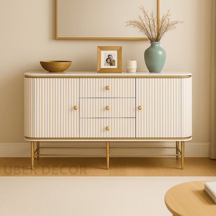 Celestia Pearl Harmony Console Table – Custom Marble Top with Fluted White Lacquer Cabinet and Gold Frame Mid‑Century Modern For Living Room, Bedroom & Entryway