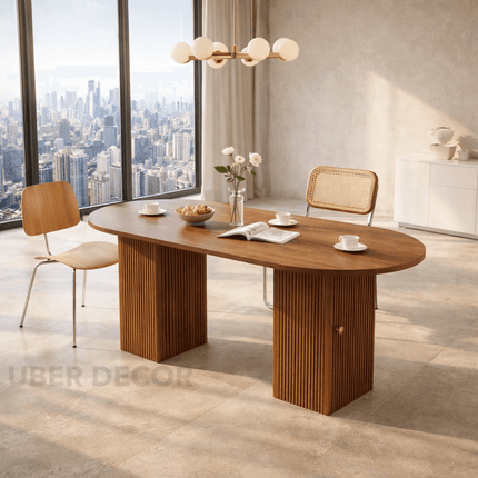Elmspire Oval Dining Table Scandinavian Japandi Inspired Mid Century Modern Design Solid Wood Fluted Pedestal Base Ideal for Dining Room