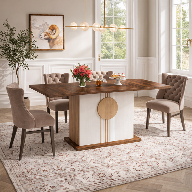 Corda Dining Table Sculptural Central Base Design Mid Century Modern European Inspired Solid Wood Dining Table for Dining Room and Formal Dining Hall