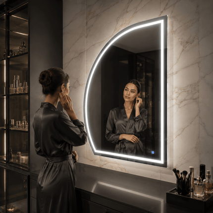 Mabel Asymmetrical LED Mirror – Frameless Wall Hanging Mirror with either Front or Back Lit for Vanity & Bathroom