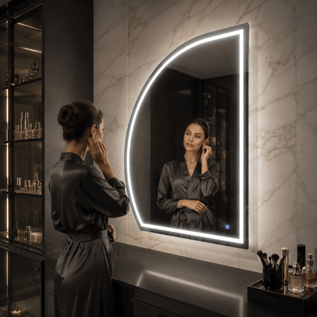 Mabel Asymmetrical LED Mirror – Frameless Wall Hanging Mirror with either Front or Back Lit for Vanity & Bathroom