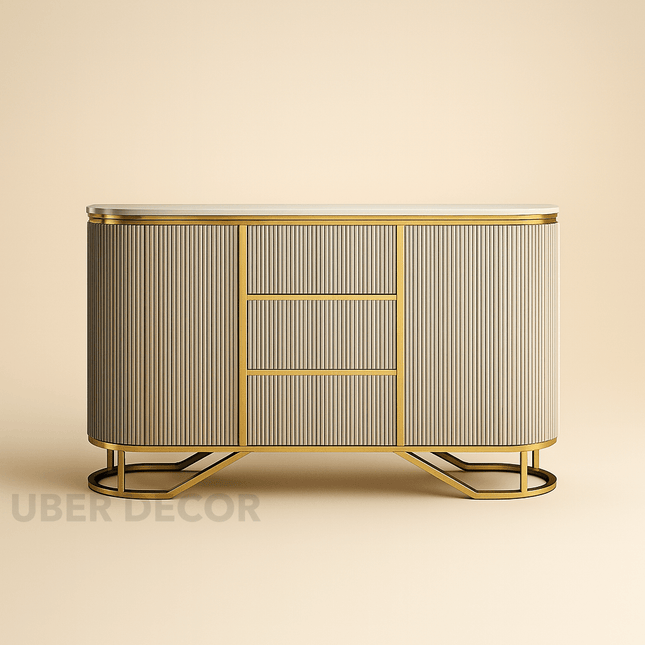 Marseille Entryway Table – Ribbed Cabinet with Gold PVD Frame Mid‑Century Modern Accent