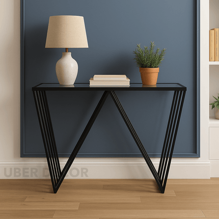 Veyron Edge Console Table – Glass Top with Sculptural W Metal Base Modern Entryway Accent