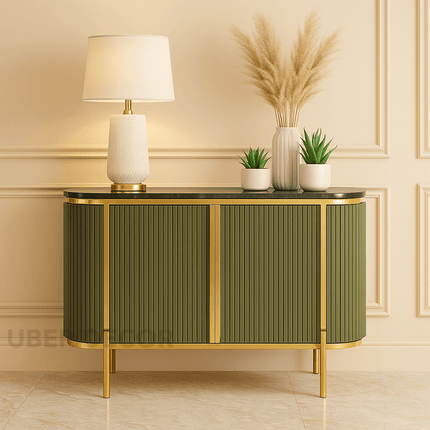 Odessa Entryway Table – Wood Cabinet with Gold Frame & Ribbed Doors Mid‑Century Modern Accent