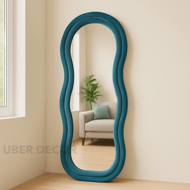Velvet Wave Irregular Wall Mirror - Upholstered Suede Velvet Frame, Asymmetric Full-Length Body Mirror for Modern Home Decor - Uber Decor