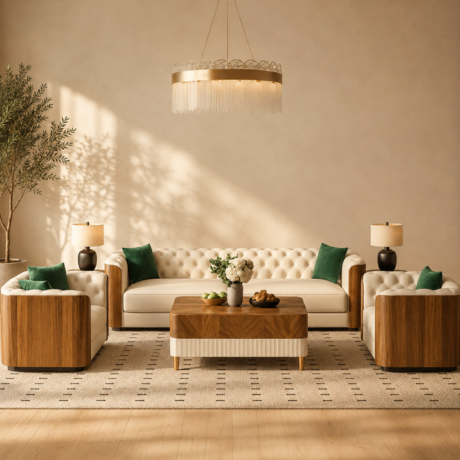 Lublin Luxury Modern Sofa Set for Living Room with Tufted Upholstery and Wooden Frame