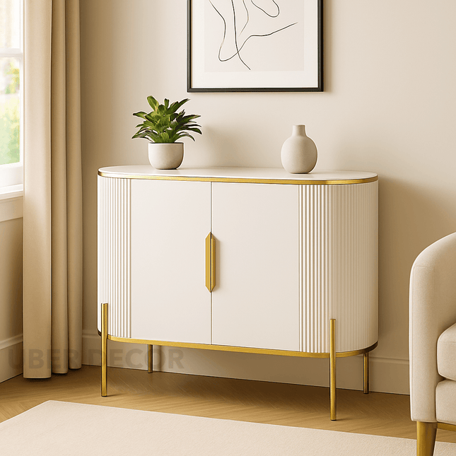 Aria Elegance Side or Console Table – Custom Black or White Marble Top with Fluted White Cabinet Mid‑Century Glam Accent