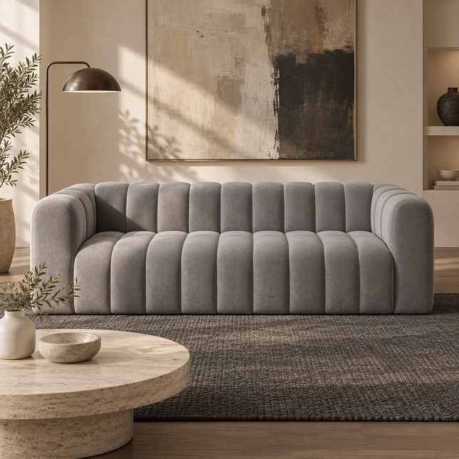 Mendoza Modern Channel-Tufted Sofa – Ready to Ship Grey Premium Suede Velvet Couch for Living Room