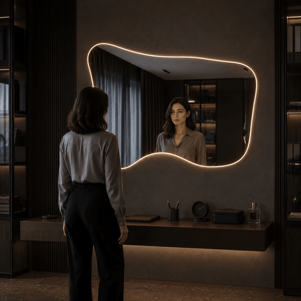 Sway Frameless Wavy LED Vanity Mirror Available in Front or Back Lit for Bathroom and Modern Interiors