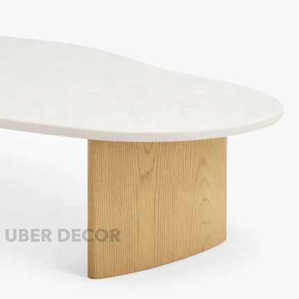 Tangon Mid Century Modern Japandi Coffee Table with Organic Freeform Wooden Top and Wooden Block Legs for Living Room