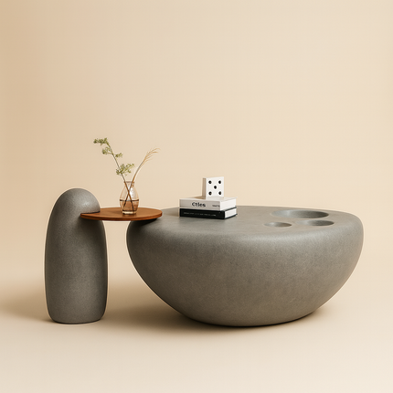 Jhelum Coffee Table Set, Modern Sculptural Stone Minimalist Center and Side Tables for Living Room