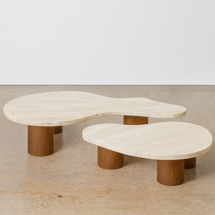 Beni River Flow Coffee Table Set of 2, Mid Century Modern European Travertine and Wood Freeform Center Tables for Living Room