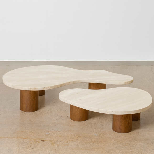 Beni River Flow Coffee Table Set of 2, Mid Century Modern European Travertine and Wood Freeform Center Tables for Living Room