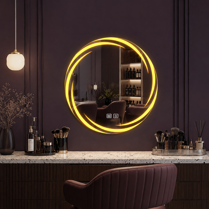 Swirlora Artistic Round Shaped Frameless Front or Backlit Mirror with LED Lights- Touch Sensor Mirror for Bathroom and Bedroom