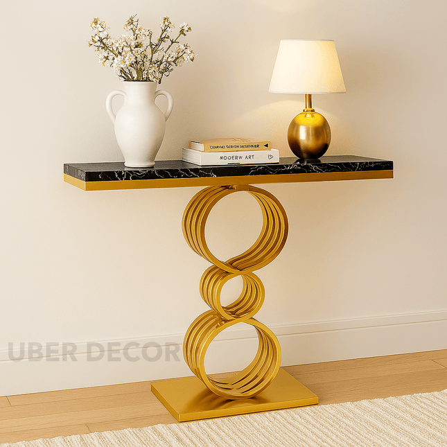 Helios Coil Display Table – Custom Marble Top & Sculptural Gold Ring-Stack Base Mid‑Century Modern Accent