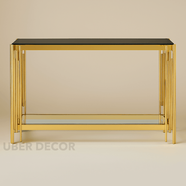 VerreLine Mid-Century Modern Console Table – Dual Glass Tier Display with Sculptural Gold Base for Living Room or Hallway