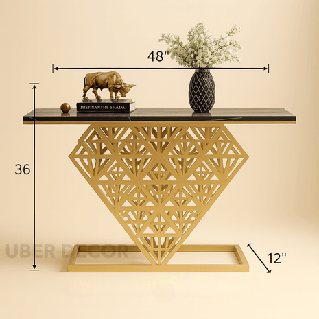 Zephyr Luxe Prism Console Table – Black Stone Top with Geometric Gold Metal Base Mid-Century For Modern Hallway & Entryway - Uber Decor