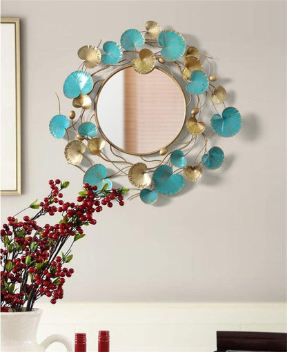 Blue and Golden Floral Vine Mirror Wall Decoration Metal Wall Art