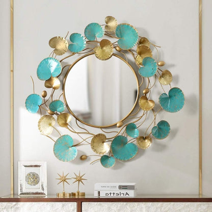 Blue and Golden Floral Vine Mirror Wall Decoration Metal Wall Art