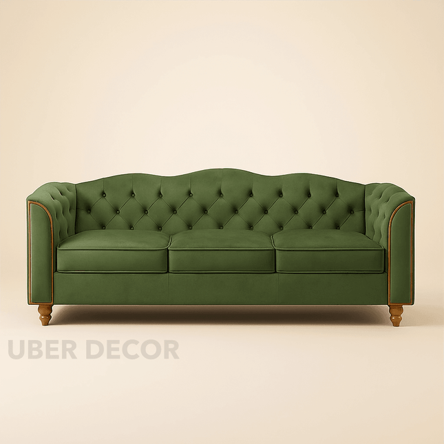 Madrid 78" Sofa -3 Seater Modern Large Upholstered Couch with Tufted Button Curved Back Rest & Golden Wood Legs - Uber Decor