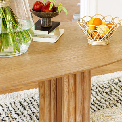 Kavon Oval Dining Table Architectural Column Design Mid Century Modern Scandinavian Inspired Solid Wood Legs Natural Finish Dining Furniture for Dining Room