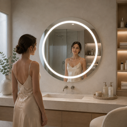Illumina circle round led mirror- front-lit or backlit touch button frameless bathroom vanity mirror