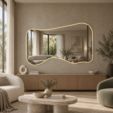 Nami Organic Wave Frameless LED Wall Mirror with Front or Back Lit for Bathroom Vanity and Contemporary Interiors