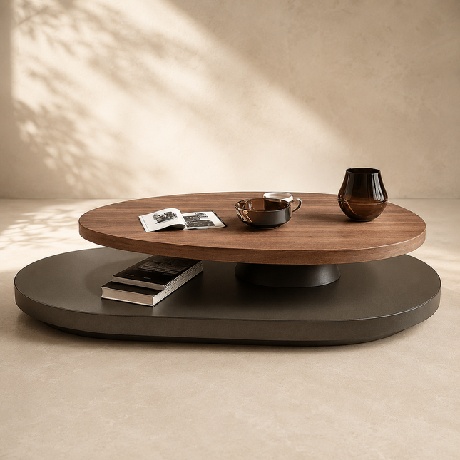 Avon Functional 360 Swivel Revolving Oval Shape Solid Teak Wood Coffee Table for Living Room