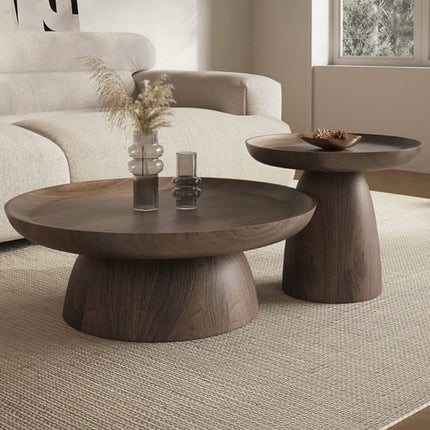 Kotto solid wood round coffee table with tray top pedestal base Japandi Scandinavian design for lounge space and calm interiors