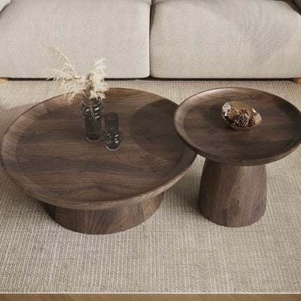 Kotto solid wood round coffee table with tray top pedestal base Japandi Scandinavian design for lounge space and calm interiors