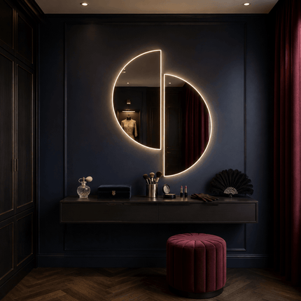 Semi Half Circle Frameless LED Mirror Set with Front or Back Lit for Bathroom Vanity and Modern Interiors