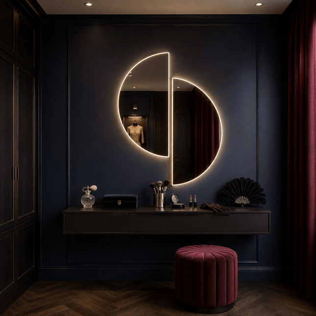 Semi Half Circle Frameless LED Mirror Set with Front or Back Lit for Bathroom Vanity and Modern Interiors