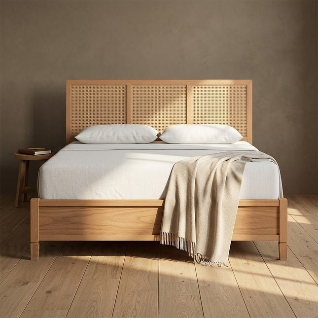 AshAura Scandinavian Wabi-Sabi Rattan Platform Bed – Japandi Wooden Bed for Bedrooms