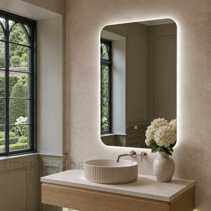 Arabella Ornate LED Mirror – Frameless Wall Hanging Mirror with Front or Back Lit for Vanity & Powder Room