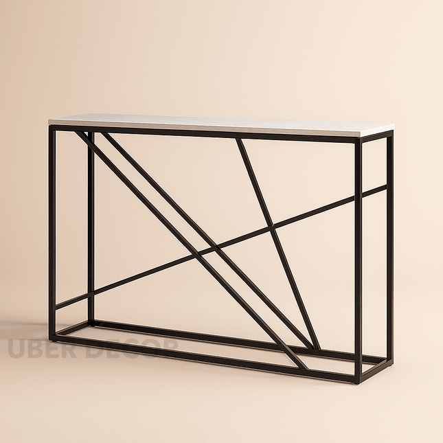 Circa Strata Console Table – Customizable Top with Sculptural Black Metal Geometric Frame for Hallway, Entryway & Living Area