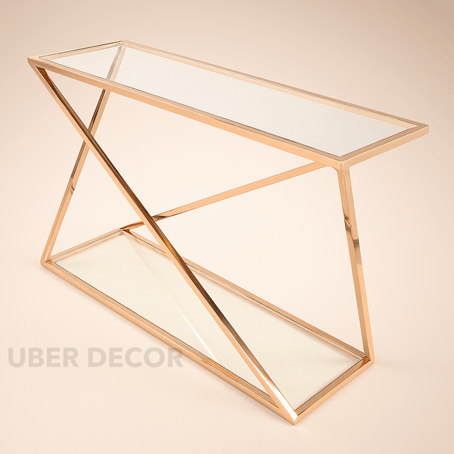 Velmara Luxe Modern Console Table – Dual Glass Shelves with Sculptural Rose Gold Geometric Frame for Hallway or Living Room
