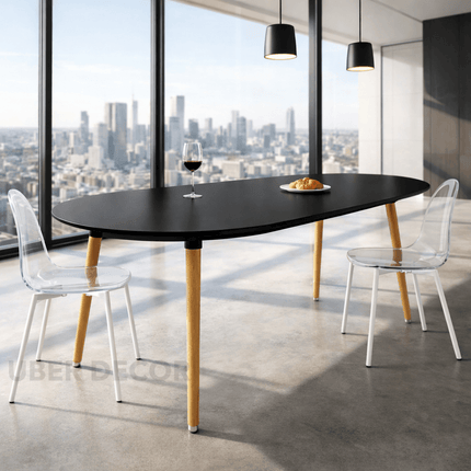 Nordelle Oval Dining Table Scandinavian Mid Century Modern Japandi Design Black Tabletop with Wooden Tapered Legs Dining Table for Dining Room