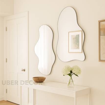 Wavy Elegance Set of 2 Frameless Asymmetric Mirrors- Unique Wavy Aesthetic Decorative Mirror for Living Room