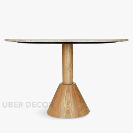 Tavion Round Dining Table Pedestal Base Design Mid Century Modern European Inspired Solid Wood Base Marble Top Dining Furniture for Dining Room
