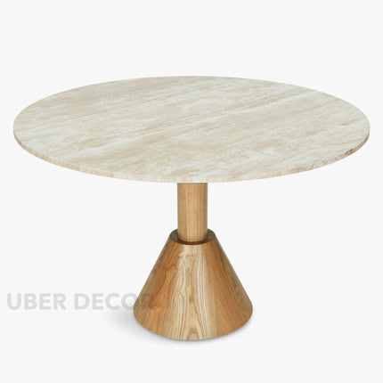 Tavion Round Dining Table Pedestal Base Design Mid Century Modern European Inspired Solid Wood Base Marble Top Dining Furniture for Dining Room