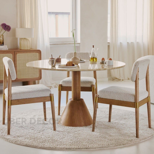 Tavion Round Dining Table Pedestal Base Design Mid Century Modern European Inspired Solid Wood Base Marble Top Dining Furniture for Dining Room