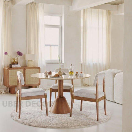 Tavion Round Dining Table Pedestal Base Design Mid Century Modern European Inspired Solid Wood Base Marble Top Dining Furniture for Dining Room