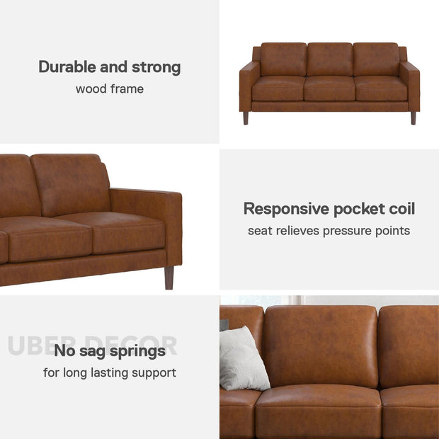 Seoul 77" Sofa- Mid Century Classic 3 Seater Leather Sofa for Living Room or Office - Uber Decor