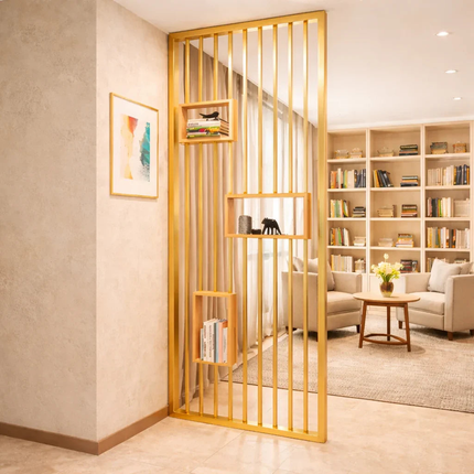 AMAYA Stainless Steel Vertical Slat Room Divider Room Partition With Display Shelves For Living Room Dining Area And Study Room