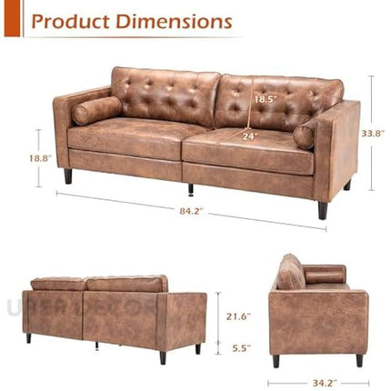 Montserra 84” Sofa- Mid-Century Tufted Textured Leather Sofa Couch for Living Room or Office