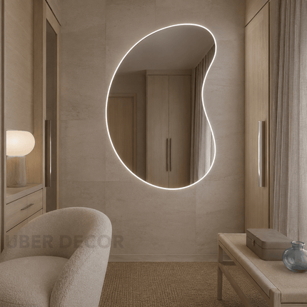 Solis Sculptural LED Wall Mirror in Frameless Design with Front or Back Lit for Vanity Bedroom and Modern Interiors