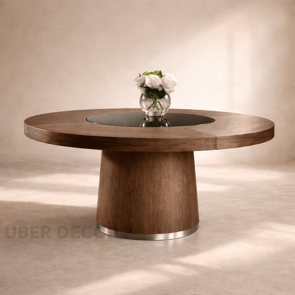 Halo Round Wooden Dining Table with Central Glass Inlay Modern Contemporary Design with Solid Pedestal Base for Dining Room