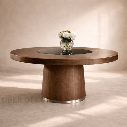Halo Round Wooden Dining Table with Central Glass Inlay with Solid Pedestal Base for Dining Room
