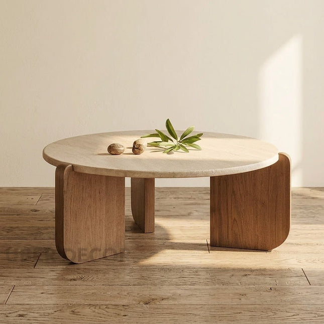 Purus Wabi-Sabi Functional Japandi Round Coffee Table – Mid-Century Scandinavian Wooden Top & Base for Living Room